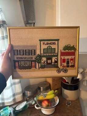 Framed Cross-Stitch Village Scene with Flowers Shop